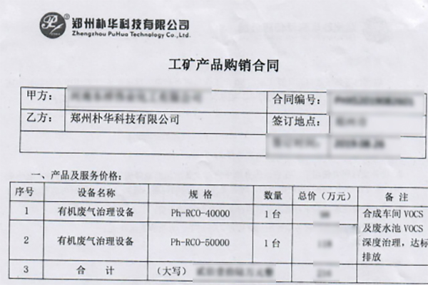 朴华科技同洛阳某化工企业签订RCO催化燃烧设备合同