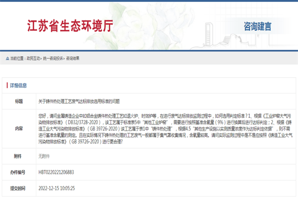 关于铸件热处理工艺废气达标排放选用标准的问题